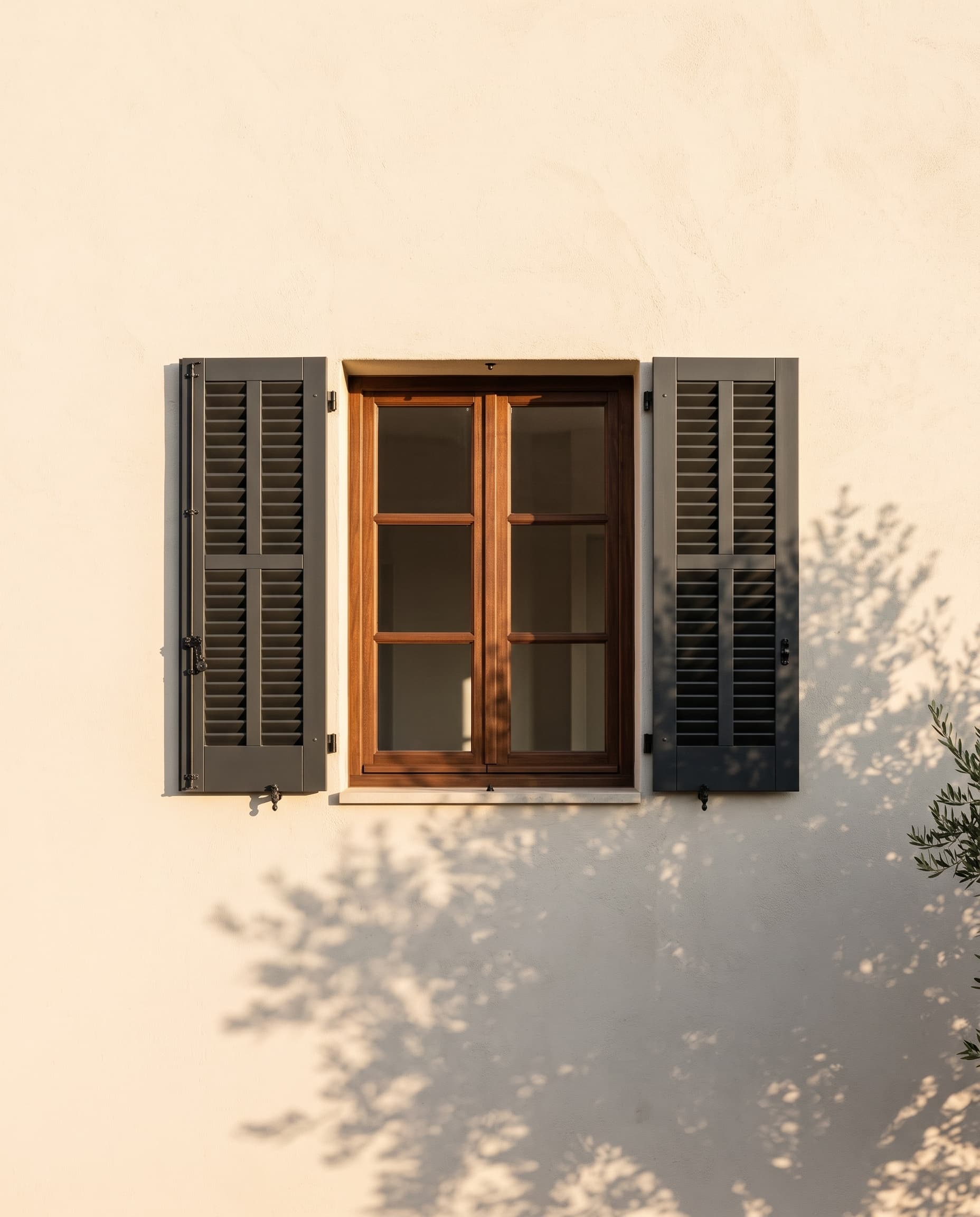 Fenêtre et volets sur une façade aux tons minéraux à Thuir