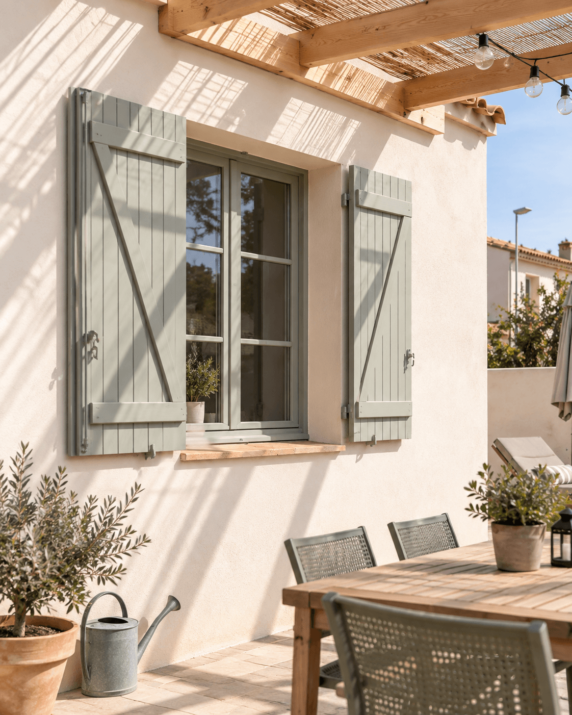 Détail d’une façade claire et de volets vert sauge à Canet-en-Roussillon